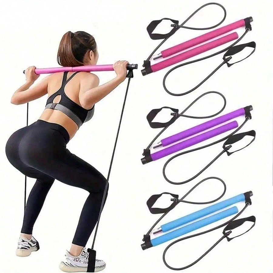 Pilates Bar Kit With Resistance Bands - Pilates-Stangen-Set mit Widerstandsband, tragbarer Pilates-Stab, Fußschlaufe,