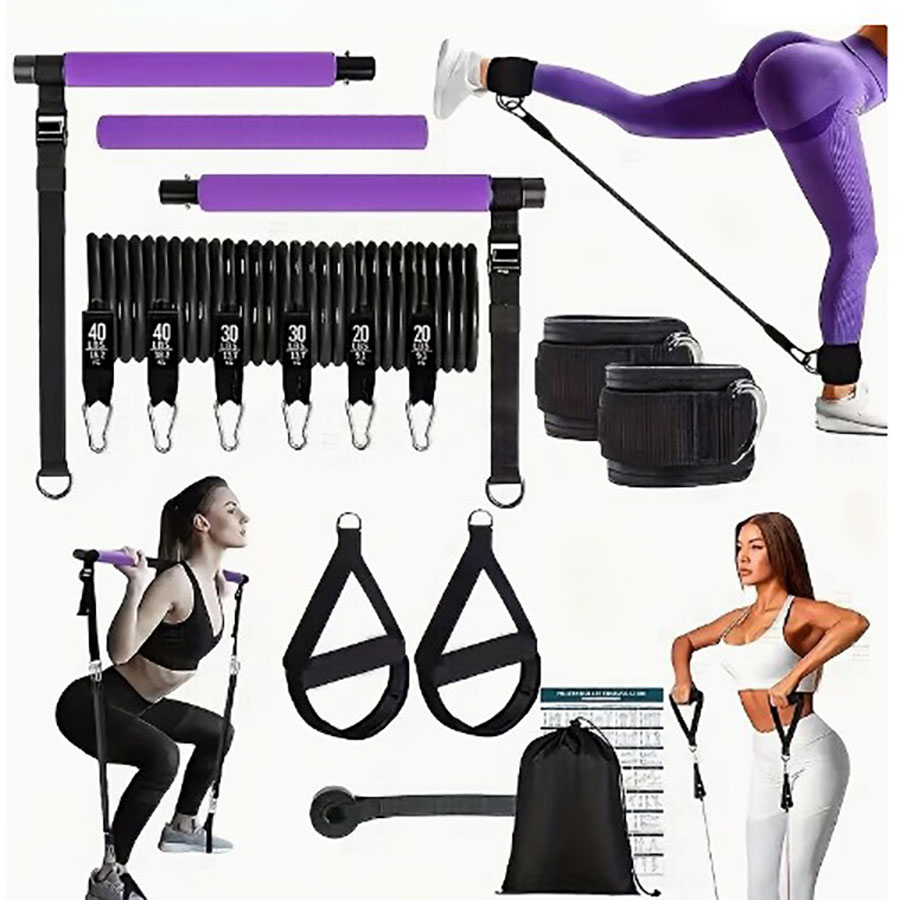 Pilates Bar Kit With Resistance Bands - 180lbs Widerstandsbänder mit verstellbarer Pilates-Stange, tragbares